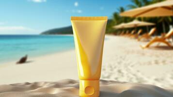 AI generated yellow cosmetic sunscreen with blank front, photo