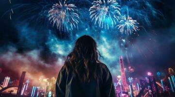 AI generated girl is holding back her hair and looking at fireworks photo