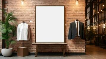 AI generated poster image with blank front ealistic on a mockup template in a brick wall in a luxury modern clothing shop, photo