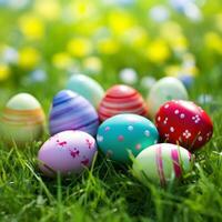 AI generated A vibrant green grass background with colorful Easter eggs scattered throughout photo