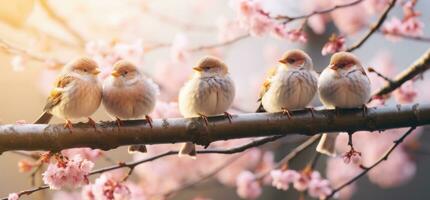 ai generado un grupo de aves son sentado en un rama en el jardín, foto