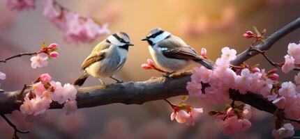 ai generado pequeño aves sentar en un rama con rosado flores, foto