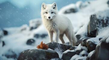 AI generated a white fox on snow in the background, photo