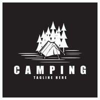 Pine trees and camping tent textured logo design vector