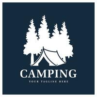 Pine trees and camping tent textured logo design vector