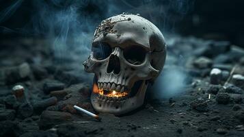 AI generated Smoke kills concept. Skull in ashes. Anti tobacco photo