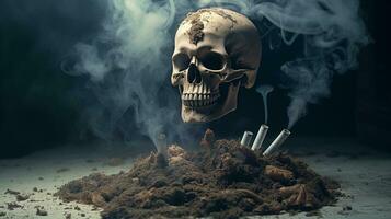 AI generated Smoke kills concept. Skull in ashes. Anti tobacco photo