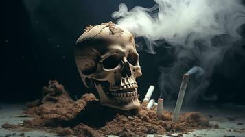 ai generado fumar mata concepto. cráneo en despojos mortales. anti tabaco foto