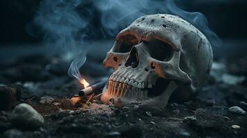 ai generado fumar mata concepto. cráneo en despojos mortales. anti tabaco foto