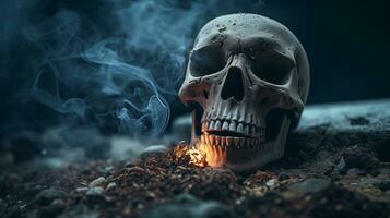 AI generated Smoke kills concept. Skull in ashes. Anti tobacco photo