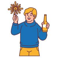 A Man celebrating party holding fireworks and bottles vector