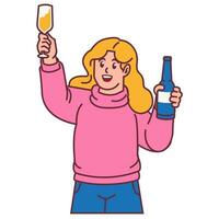 un mujer celebrando fiesta y participación vaso de champán con botellas vector