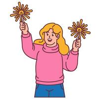 A Woman celebrating party holding fireworks vector
