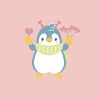 linda y encantador pingüino participación corazón forma planta, contento san valentin día, cumpleaños, amor concepto, plano vector ilustración dibujos animados personaje disfraz diseño