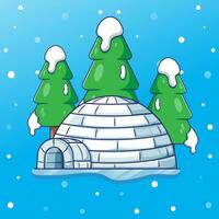 Flat cartoon of igloo with fir trees and snowfall background in winter illustration. cute illustration scene on snow field vector