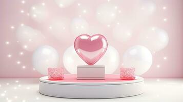 ai generado lustroso rosado corazón en el podio Bosquejo con globo ai generativo foto