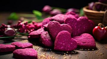 ai generado delicioso rojo terciopelo galletas en el mesa ai generativo foto