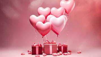 AI generated Portrait pink gift box with heart balloon AI Generative photo