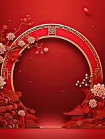 AI generated Circle Chinese rounded element with flower on the red backgroundAI Generative photo