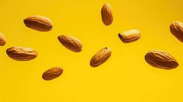 AI generated Almond nuts on the yellow background AI Generative photo