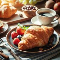 AI generated Breakfast croissant with a cup coffee with light exposure AI Generative photo