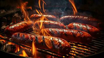 AI generated Grilled sausage with fire burning AI Generative photo