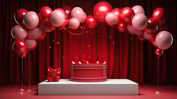 AI generated Red product podium mockup with red balloon AI Generative photo