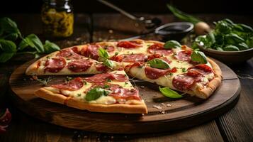 AI generated Fresh Italian pizza on the cutting board AI Generative photo