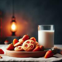 ai generado fresa galletas con un vaso Leche ai generativo foto