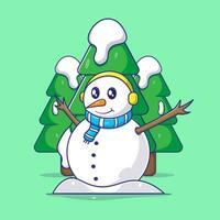Cute illustration cartoon scene of snowman with fir trees in winter seasons. vector cartoon illustration for celebrate the winter