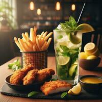 ai generado mojito con pollo y francés papas fritas ai generativo foto