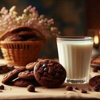 ai generado chocolate galletas con un vaso Leche ai generativo foto