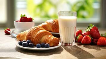 ai generado desayuno cuerno con un vaso Leche ai generativo foto