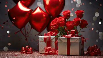 AI generated Luxury gift box with balloon and rose flower AI Generative photo