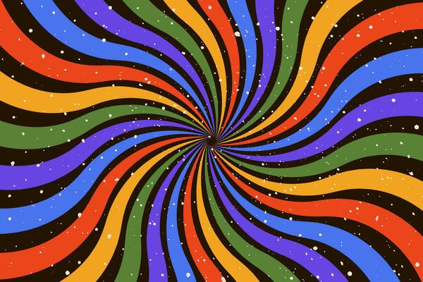 Groovy abstract rainbow swirl on black background. Retro design in 1960-1970s style. Vintage sunburst backdrop. Colorful summer hippie carnival vector illustration