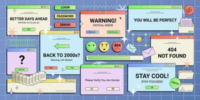 Y2K pc screens, windows, retro technology dialog messages, warnings, templates, signs and symbols. Vector illustration.