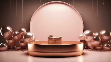 AI generated Gold product podium mockup with pink balloon AI Generative photo