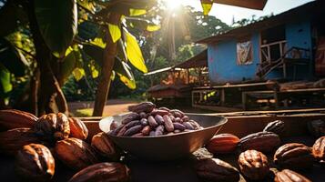 ai generado retrato cacao frijol en el cuenco con ligero exposición ai generativo foto