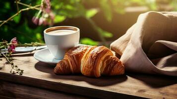 AI generated Breakfast croissant with a cup coffee AI Generative photo