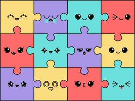 Puzzles with faces. Kawaii characters on colorful jigsaw pieces. Cute emoji with facial emotions. Happy, smile and cry, angry expression vector concept