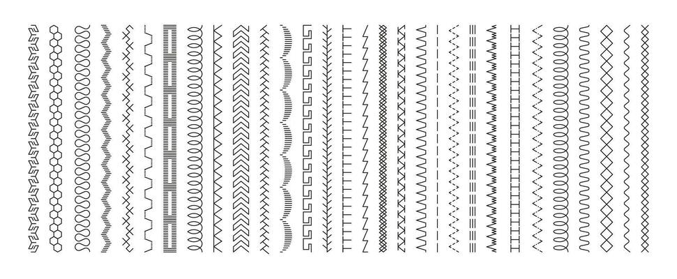 Sewing machine stitches. Stitching seam line, textile embroidery stitch border, binder seams, thread stripe, seamless pattern brushes. Vector set