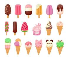 Cartoon ice cream. Sweet sundae, gelato in cone, cute chocolate summer freeze dessert, fruit popsicle, delicious scoop ice cream with animal face. Vector set