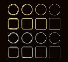 3d golden frames. Circular and square gold and silver shiny border rings, realistic metal simple round and rectangular wedding decoration. Vector set