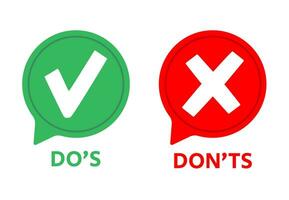 Dos and donts icons. Yes or no symbols speech bubble. Check green tick and red cross, good or bad checking, false or wrong answers. Vector illustration