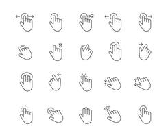 Web gesture hand icons. Simple icons with hand using smartphone, sign fingers touch, click, zoom, rotate, tap display. Touchscreen interface. Vector set