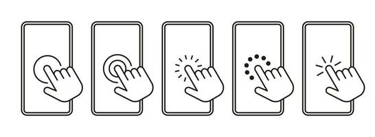 Phone with click hand icon. Hand touching smartphone icons. Pointer clicking finger mobile screen sign. Touchscreen cellphone choice. Vector set