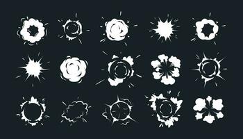 Radial explosive effect. Cartoon comic circle burst, bomb explosion, game VFX elements, round steam cloud, energy explosions, speed bang power. Vector set