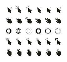 Mouse pointer cursor icons. Computer black clicking arrows and hands cursors icon, web loading symbol, pressing action, interface elements. Vector set