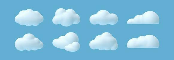 3d cloud. White cartoon fluffy clouds in bubble shape in blue sky, summer rounded cumulus icons. Weather forecast realistic symbols vector set