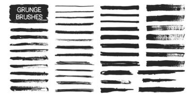 Black ink brush strokes. Texture paintbrushes, grunge elements, dry brushes, grungy stain and line, design elements on white background. Vector set